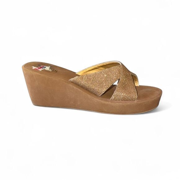 Flojos Cheyenne Bronze Glitter Cross Strap Wedge Sandals Size 8 Slip On‎ - Picture 1 of 9